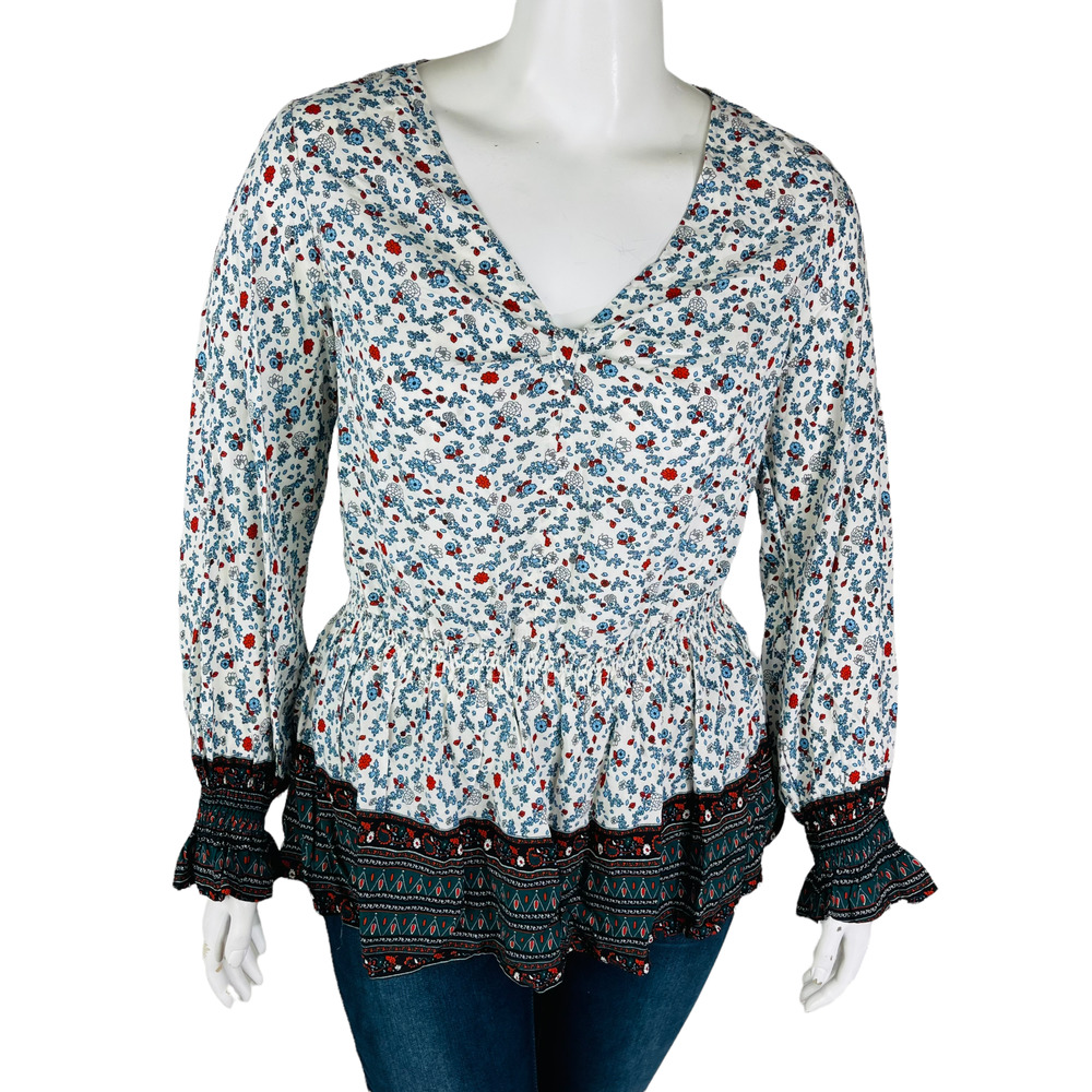 Susan Betro Weekend Womans Sz XL Floral‎ Long Sleeve Blouse Floral While Blue